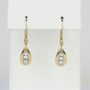 Pretty 14k Yellow Gold, Diamond Women's Teardrop Leverback Dangle Earrings - Picture 1 of 2