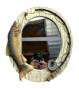 Holzoptik Resin Rod n Reel Angeln Forelle ovaler Rahmen abnehmbarer Spiegel 16" x 13,5" - Bild 1 von 11