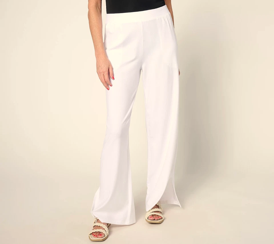 Denim & Co Beach Jersey Wide-Leg Pull-On Pants w/Slits - Women's Reg. L - White - Image 1 of 1