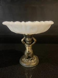 Vintage Messing Meerjungfrau Milchglas Schale Süßigkeiten Schmuck Münze Schale - Bild 1 von 13