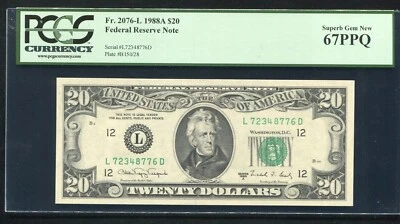 FR. 2076-L 1988-A $20 FEDERAL RESERVE NOTE SAN FRANCISCO, CA PCGS GEM UNC-67PPQ - Image 1 of 2