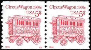 US - 1995 - 5 Cents Red Circus Wagon #2452D Plate Number Pair w/ Plate # S2