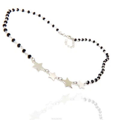 collana stelle Argento 925 cristallo nero 4 stelline regolabile girocollo donna - Immagine 1 di 3