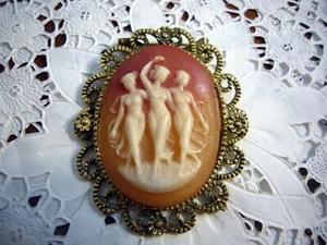 3 Graces Muses Genuine CAMEO Brooch dancing Exquisite Carved Antique Jewelry - Picture 1 of 7