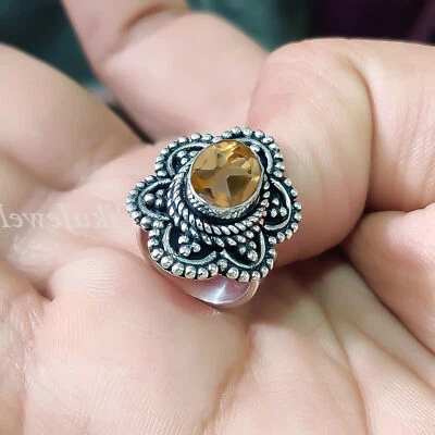 Anello Ossidato Argento Sterling 925 Pietra Preziosa Topazio Citrino Donna... - Immagine 1 di 4