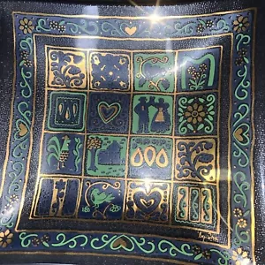 2 Square Glass Trays Trinket Coin Dishes Plate Blue Green Pennsylvania Dutch MCM - Picture 1 of 12