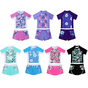 Kids Girls Swimwear Elastic Waist Swimsuits Beach Bathing Suits Round Neck Top - Picture 1 of 20
