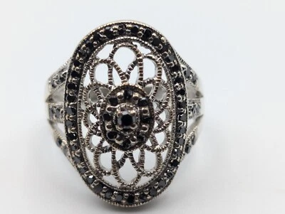Sterling Silver Black Diamond Oval Filigree Ring Size 7.75 4.7g - Image 1 of 3