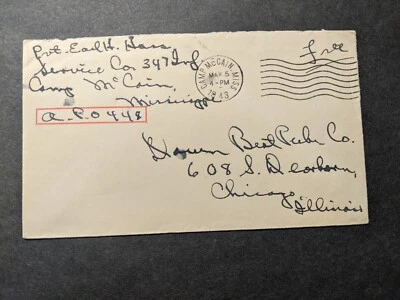 APO 448 CAMP McCAIN, MISSISSIPPI 1943 WWII Army Cover 347th Infantry - Image 1 of 2