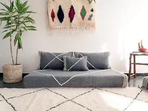 Moroccan Handmade Floor Couch - Unstuffed Cotton Grey Sofa covers + Pillow case - Picture 1 of 10