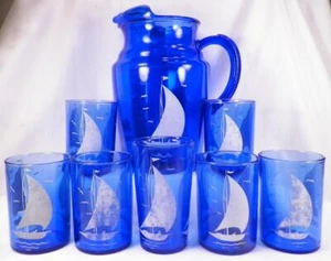 Schiffe Segelboot Krug mit Eislippe & 7 Bechern blaue Vertiefung Glas Hasel Atlas - Bild 1 von 10