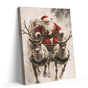 Vintage Weihnachtsmann im Schlitten mit Rentier Leinwandbild gerahmt Urlaub Weihnachten Winter - Bild 1 von 135