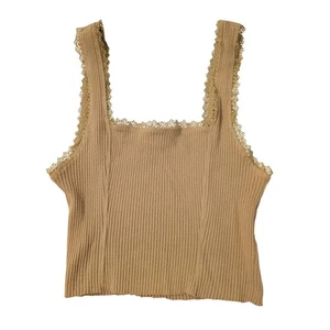 Forever 21 Ribbed Square Neck Tank Top Mustard Lace Trim Stretch Size L Cottage - Picture 1 of 3