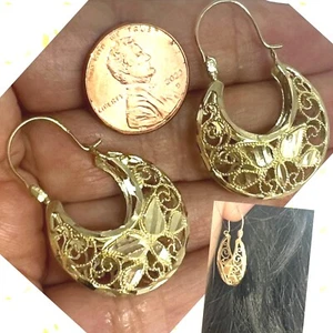 GOLd Basket Turkish earring earrings YELLOW filigree 10k hoop 23mmx35mm 1.35" - Picture 1 of 12