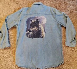 Vintage Peregrine Bay Denim Blue Jean Button Front Shirt Wolf Mens Large Nature - Picture 1 of 8