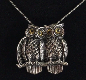 Sterling Silver Victorian Antique style Owl Birds Owls brooch Pendant Necklace - Picture 1 of 7