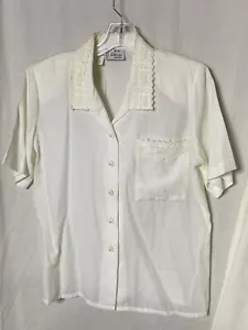 camicetta bianca vintage nuove aggiunte marca Petite taglia 12 pizzo colletto bottone perla - Foto 1 di 15