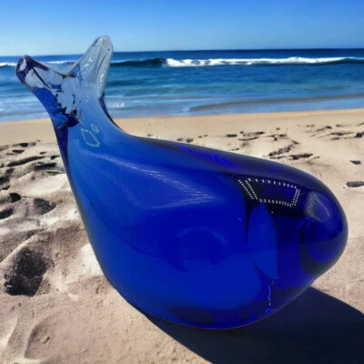 Hand Blown Art Glass Cobalt Blue Whale Figurine Paperweight 3.5" In Length  - Image 1 of 4
