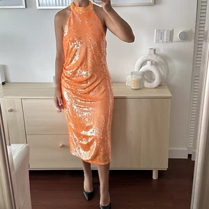 Caroline Constas Dress Womens Medium Sequin Embellished Halter Open Back Midi - Picture 1 of 10