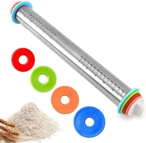 Adjustable Rolling Pin with 4 Thickness Rings Stainless Steel Dough Fondant Roll - Picture 1 of 5