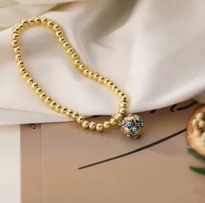 Mujer Moda Joyería Cuentas Doradas Bohemio Azul Oscuro Mal de Ojo Pulsera 617 - Imagen 1 de 1