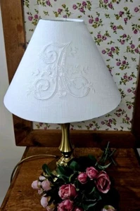 MADE TO ORDER LAMPSHADE NATURAL LINEN FABRIC TAPERED EMBROIDERED PERSONALIZED - Picture 1 of 5