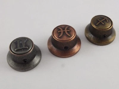 STRATOCASTER GUITAR KNOBS ZODIAC Star Sign in 3 Antique Metal finishes