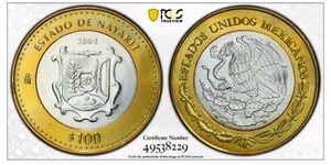 Mexico 2004 Nayarit 100 Pesos Bi-Metallic (925Silver center) Coin PCGS MS64 - Picture 1 of 3