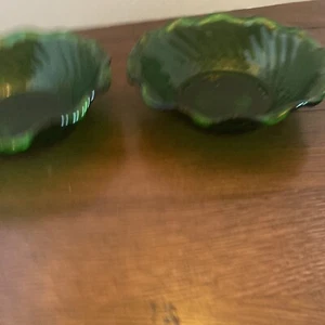 Vintage Anchor Hocking Emerald Forest Green Glass Diamond Swirl Bowl Ruffle Set2 - Picture 1 of 8