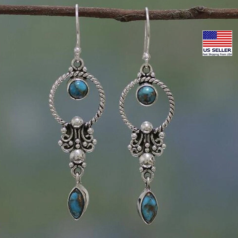 Fashion Women Bohemia Creative Ancient Silver Turquoise Carved Tassel 3D 1804 - Image 1 of 1
