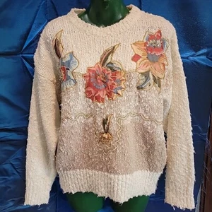 Vintage grandma core sweater floral applique Boucle Cream Kitsch 1990's Large ? - Picture 1 of 20