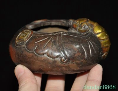 3.2' Bronce Chino Dorado Feng Shui Murciélago Riqueza Moneda Pluma Lavado Cenicero Estatua Foto 1 de 4