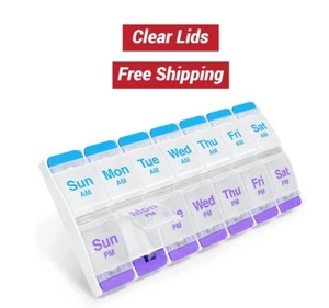 7 Day Pill Box, Weekly Pill Medicine, Vitamin Organizer, Push Button Clear Lids - Picture 1 of 4