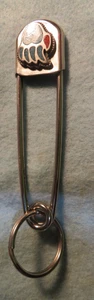 Vintage Giant Safety Pin Keyring Navajo Bear Paw Turquoise Coral Keychain 4.25" - Picture 1 of 13