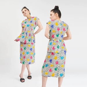 Vintage 80er Jahre buntes abstraktes Muster Schößchen Taille Flügelärmel Retro Midikleid S - Bild 1 von 9