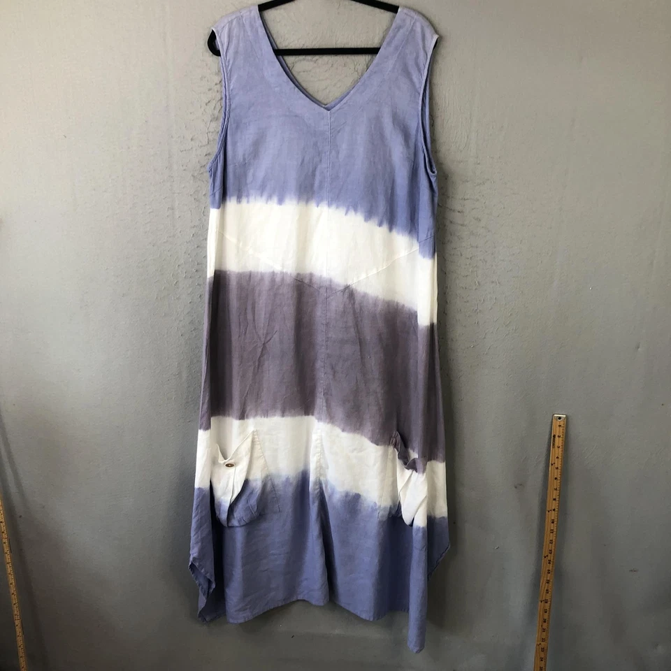 Vestido Crazy Line Mujer 18 Azul Blanco Sin Mangas Lino Algodón Tie Dye Bolsillos Foto 1 de 4