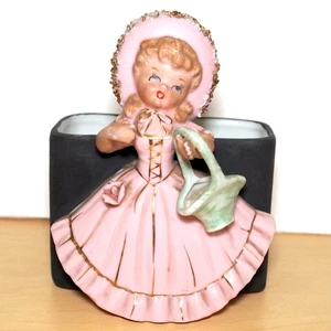 Vintage Lefton Girl 1950s Figurine Planter Pink Black Rose Gold Bonnet YU50467 - Picture 1 of 7