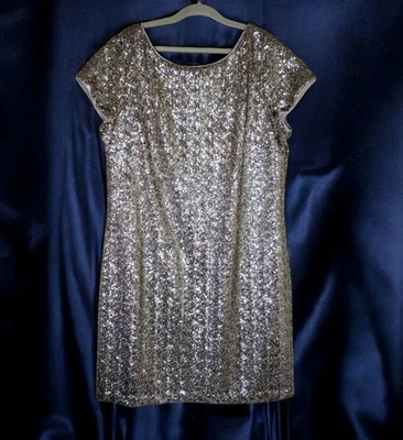 White House Black Market Sequin Sheath Dress Gold Metallic Party Cocktail Sz 10  - Image 1 of 4