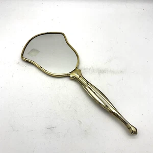 Vintage Gold Tone Handheld Vanity Mirror Floral Back Beveled Glass 13 Inch - Picture 1 of 5