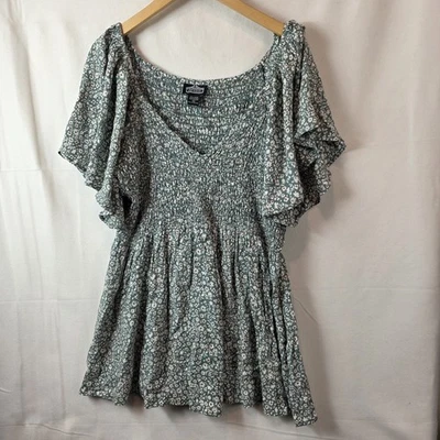 Angie Floral Smocked Babydoll Flutter Sleeve Top Hippie Boho Cottagecore 1X - Image 1 of 4