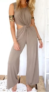 Choies Women's Khaki Open Belly Sleeveless Jumpsuit XLarge Beige (runs Small) - Picture 1 of 4