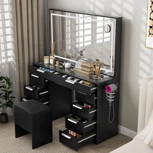 Makeup Table 10 Drawers Glass Tabletop Vanity Desk Mirror LED Light w/ Power Hub - Picture 1 of 10