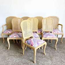 Organic Carved Cane Back Dining Chair With Pink and Purple Cushions - 8 Chairs