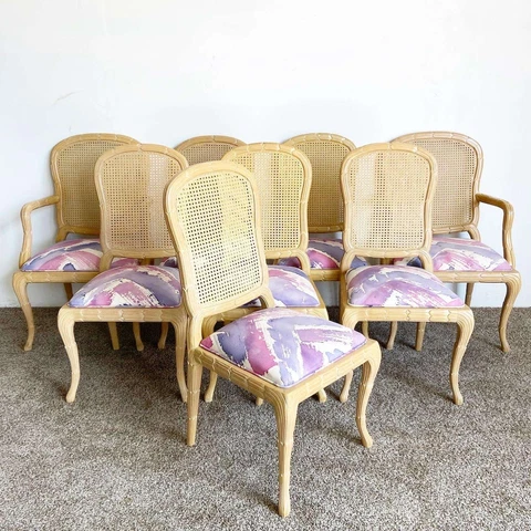Organic Carved Cane Back Dining Chair With Pink and Purple Cushions - 8 Chairs Cover