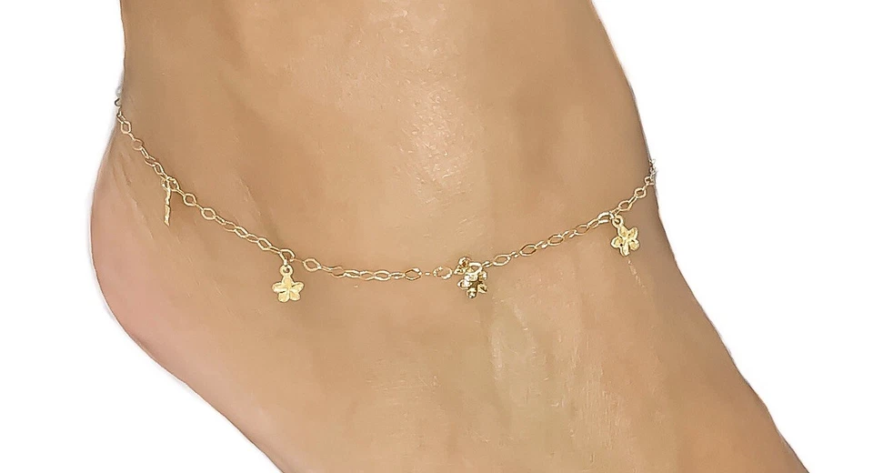 Tobillera ajustable de oro amarillo con flores de lujo de oro 14k de 9 a 10 pulgadas Foto 1 de 1