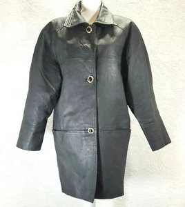 KC Collections Womens Size Small Leather Over Coat Black Long Button up - Picture 1 of 10
