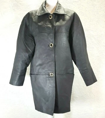 KC Collections Womens Size Small Leather Over Coat Black Long Button up - Image 1 of 4