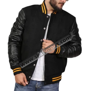 Hombres Varsity Béisbol Letterman Lana y Cuero Genuino Mangas Chaqueta Negro/Dorado - Imagen 1 de 7