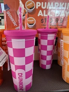 Dunkin Donuts Tumbler Limited Edition 24oz Pink Checkered Board Valentinstag! - Bild 1 von 2