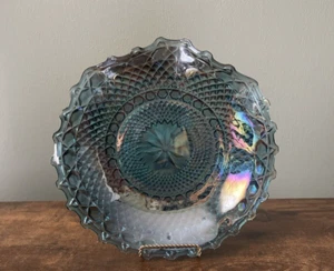VINTAGE IRIDESCENT BLUE CARNIVAL GLASS INDIANA 10.5 PLATTER DIAMOND PATTERN - Picture 1 of 6
